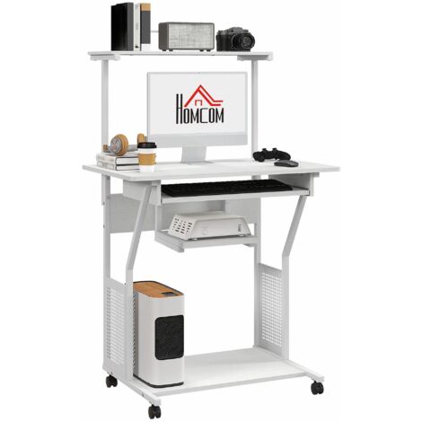 Bureau d'ordinateur roulant avec étagères de rangement, poste de travail et plateau pour clavier, 80x50x130cm, blanc