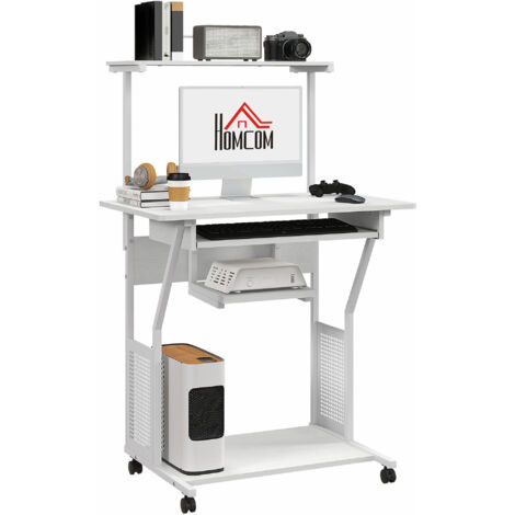 Bureau d'ordinateur roulant avec étagères de rangement, poste de travail et plateau pour clavier, 80x50x130cm, blanc