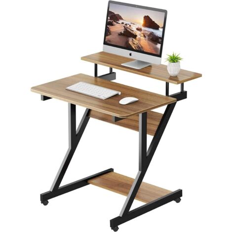 Bureau d'ordinateur Stable en Forme de Z avec roulettes,Bureau Mobile avec Étagères,Table Bureau Domicile Étude 70x60x79CM,Chêne Clair