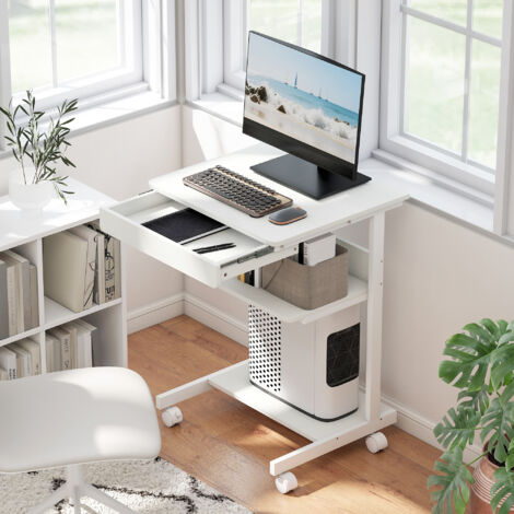 Bureau d'ordinateur sur roues. bureau avec rangement 56 x 51 cm avec tiroir. compartiment et support CPU. blanc