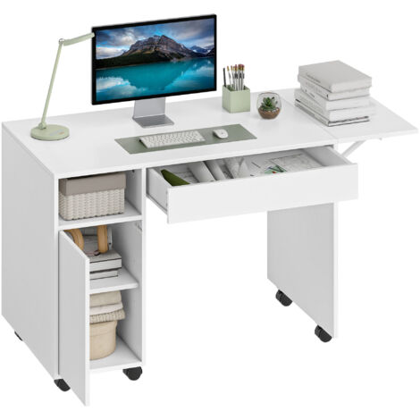 Bureau d'ordinateur sur roulettes, table de bureau avec abattant, tiroir, placard et compartiment, 130 x 58 cm, blanc