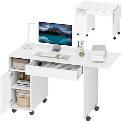 Bureau d'ordinateur sur roulettes, table informatique avec abattant, tiroir, placard et compartiment, 130 x 58 cm, blanc
