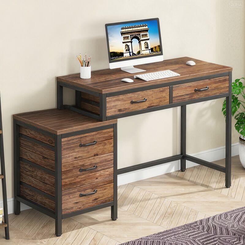 Bureau d'ordinateur, Table de Bureau avec 5 Tiroirs, Bureau Informatique avec Armoire à tiroirs réversible Support d'imprimante pour la Maison,