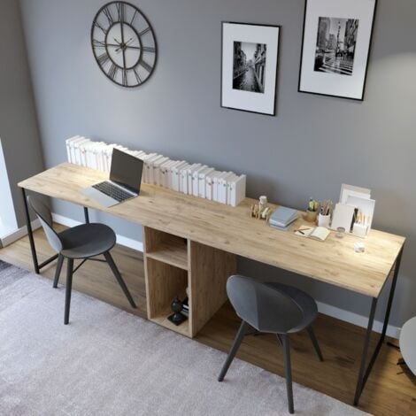 Bureau Double en Chêne avec Étagère Intermédiaire, 240x74x60 cm, Pour Bureau Collaboratif ou Salle d'Étude
