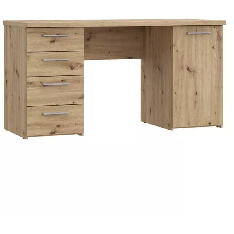 Meubletmoi - Bureau droit 145 cm 1 porte 4 tiroirs décor chêne rustique - marie