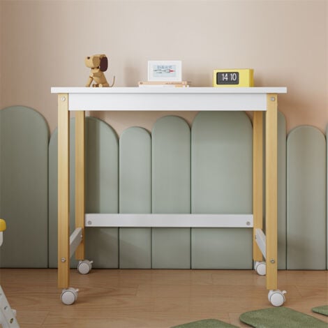 FORTUNA LAI Bureau droit 80x43.5x74.5cm, table de bureau avec roulettes directionnelles, pin+MDF, blanc+naturel