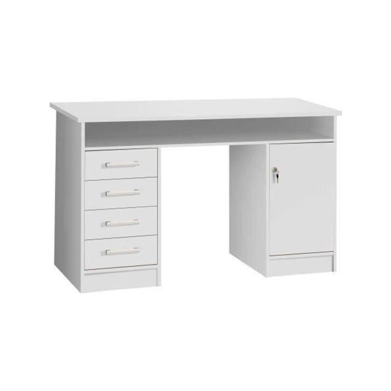 Bureau droit a clés avec 1 porte et 4 tiroirs - Décor papier blanc - 126 x P 55 x H 76 cm - ALICANTE