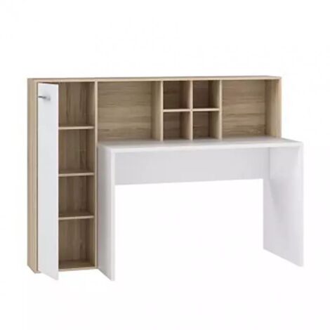 Bureau droit avec 6 niches de rangement – Décor chêne clair et blanc mat – Compact et réversible – Fabrication européenne – Meubletmoi