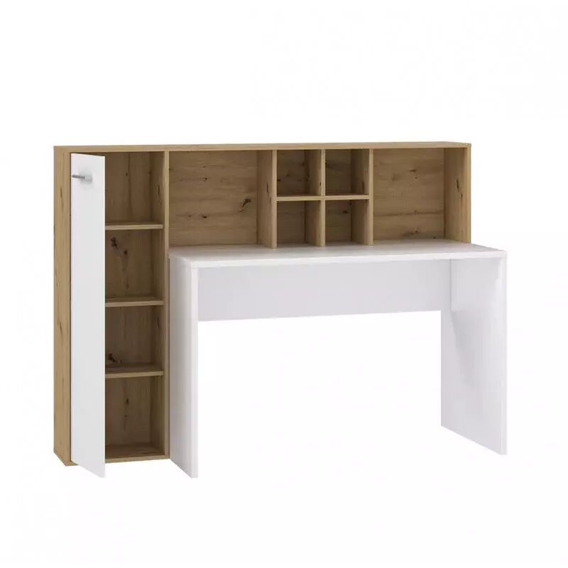 Bureau droit avec rangements décor chêne rustique et blanc mat - KEVAN