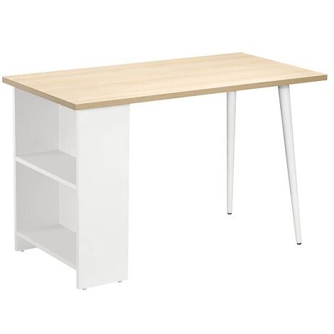 Bureau droit blanc L 120 x P 60 cm, piétement blanc avec étagères - Designy - plateau chêne clair - Maxiburo