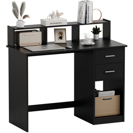 Bureau droit bureau d'ordinateur avec Étagères de rangement et 2 tiroirs 105x94x48cm noir Mondeer