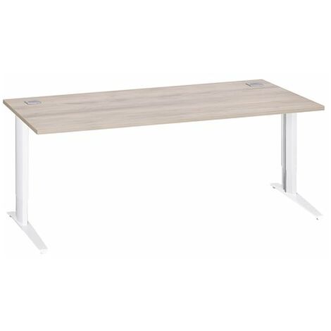 Bureau droit chêne gris L 180 cm réglable en hauteur piètement métal blanc Essens - Maxiburo