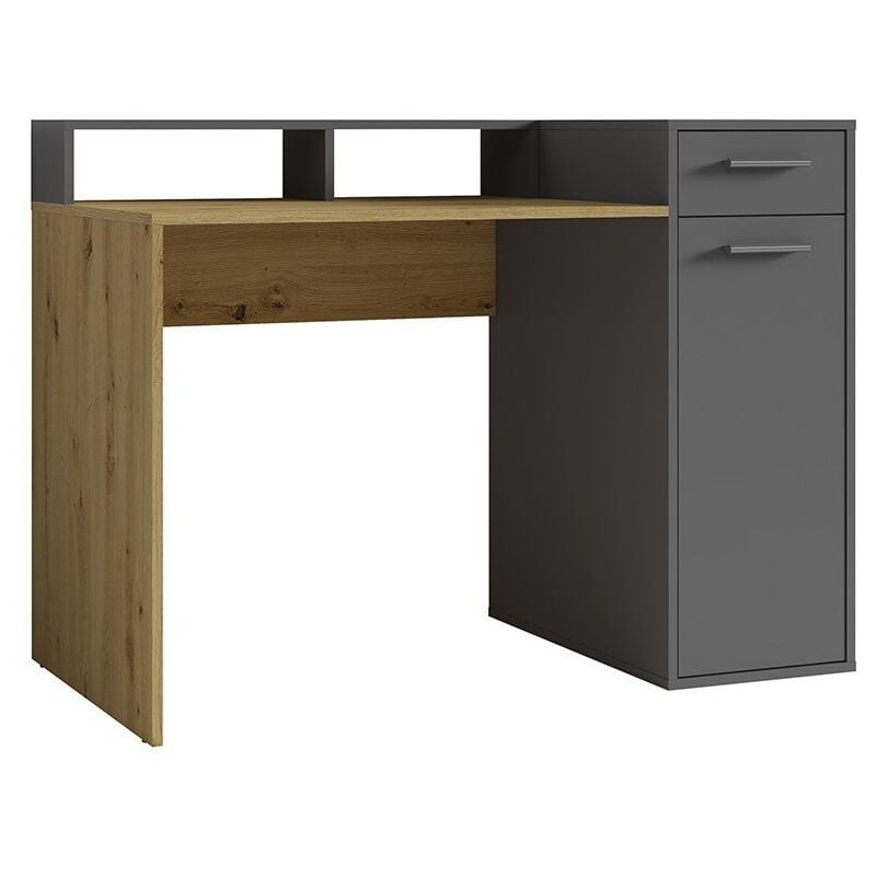 Bureau OFFICE avec caisson de rangement et support écran - Coloris gris et chêne - 120 x 90 x 65 cm