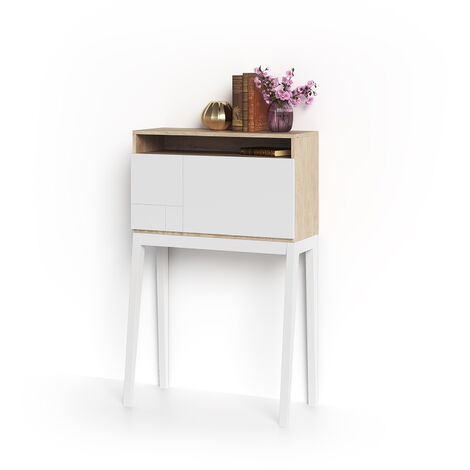 Bureau droit en mélamine blanc avec pieds laqués – Porte rabattable – Dimensions 75x30x44cm – Chêne clair pour espaces réduits – Herdasa