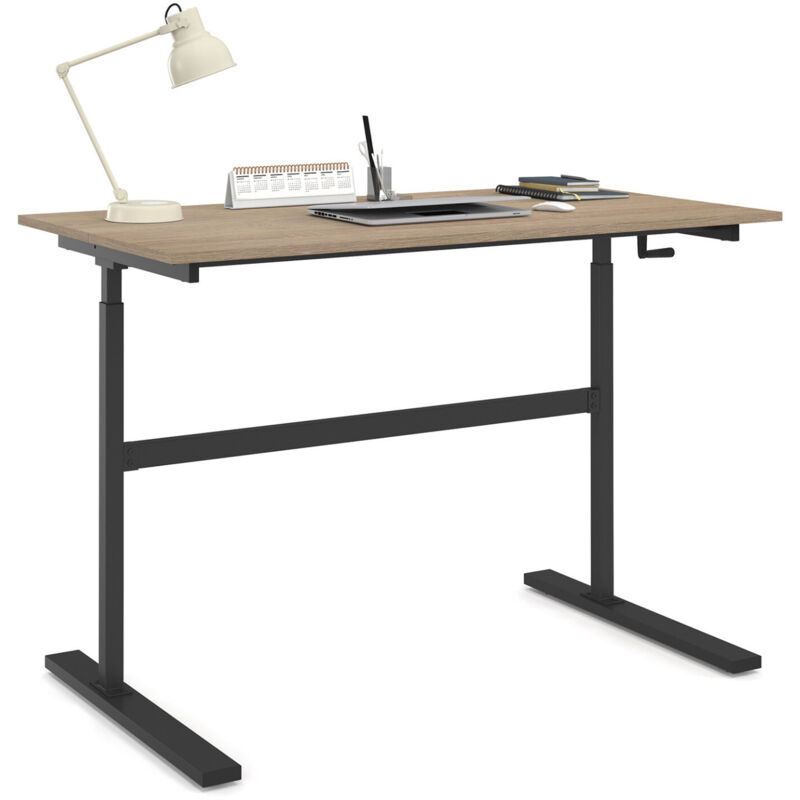 Bureau assis debout à manivelle hauteur réglable 70 - 120 cm bois façon hêtre et noir