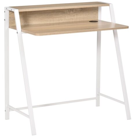 Bureau droit moderne-Métal blanc et chêne-Rangement organisé-Passe-câbles-84x45x85cm