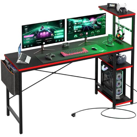 Bureau droit réversible 155 cm noir – Étagères intégrées et prises électriques – Conception moderne pour espaces de travail