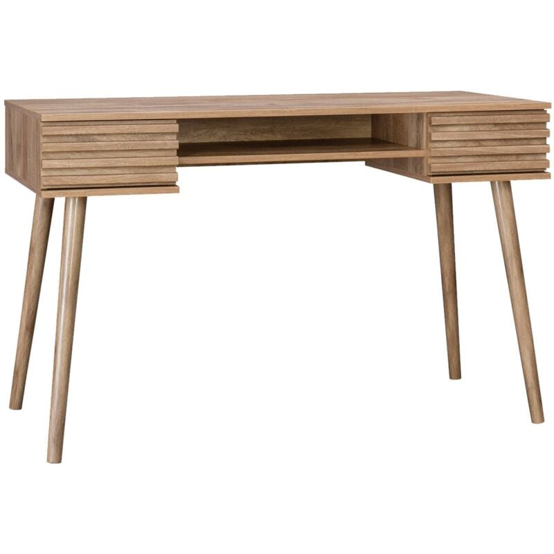 Bureau effet bois 2 tiroirs MADERE naturel. 1 casier. façade rainurées. 120 x 55 x 76.5 cm