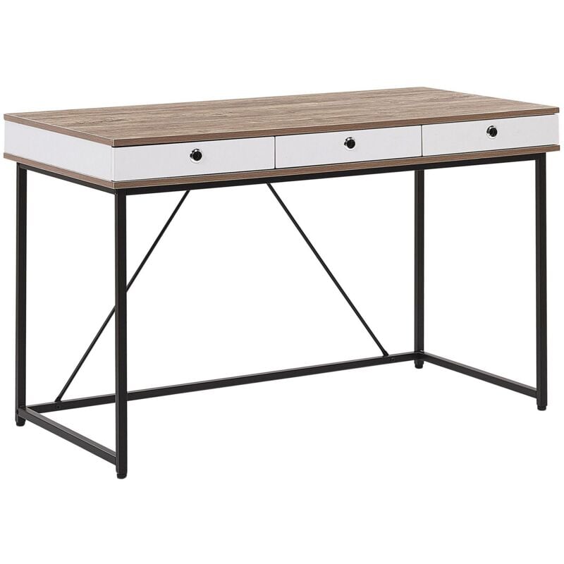 Beliani - Bureau 120 x 60 cm Effet Bois Clair avec Tiroirs Pratiques et Pieds en Métal Noir Design Tendance Idéal pour Intérieur Scandinave et Moderne