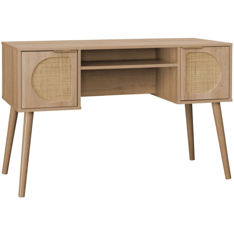 Sweeek - Bureau effet bois et cannage 2 portes eva naturel 120 x 55 x 76.5 cm