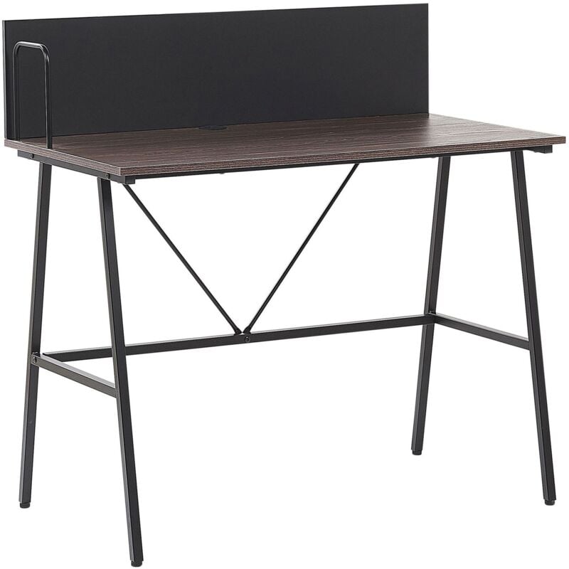 Beliani - Bureau 100 x 50 cm Effet Bois Foncé avec Pieds en Métal Noir Design Tendance Idéal pour Intérieur Minimaliste Moderne et Industriel