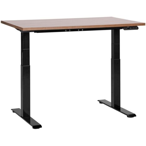 Bureau Électrique Hauteur Réglable Design Moderne Pieds Carrés 120 x 72 cm Plateau Bois Foncé et Cadre Acier Noir DESTINES