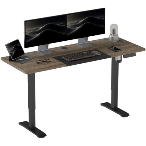 Bureau électrique réglable en hauteur 140 x 70 cm, ensemble de 4 pièces. Bureau convertible assis-debout avec protection contre les chocs et la surchauffe, noir.