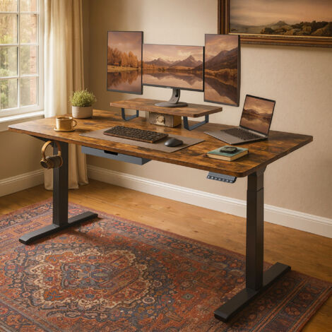 Bureau Électrique Réglable en Hauteur, 160 x 80 cm, Support d’Écran, Tiroir, Port USB-C, Marron