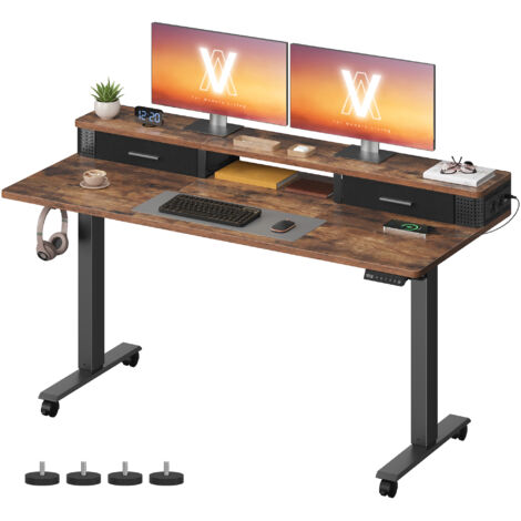 Bureau Électrique Réglable en Hauteur, Table Assis-debout, 140 x 60 x (72-120) cm, Réglable en Continu, Support Écran, Multiprise, Crochet, Fonction Mémoire, Marron Rustique