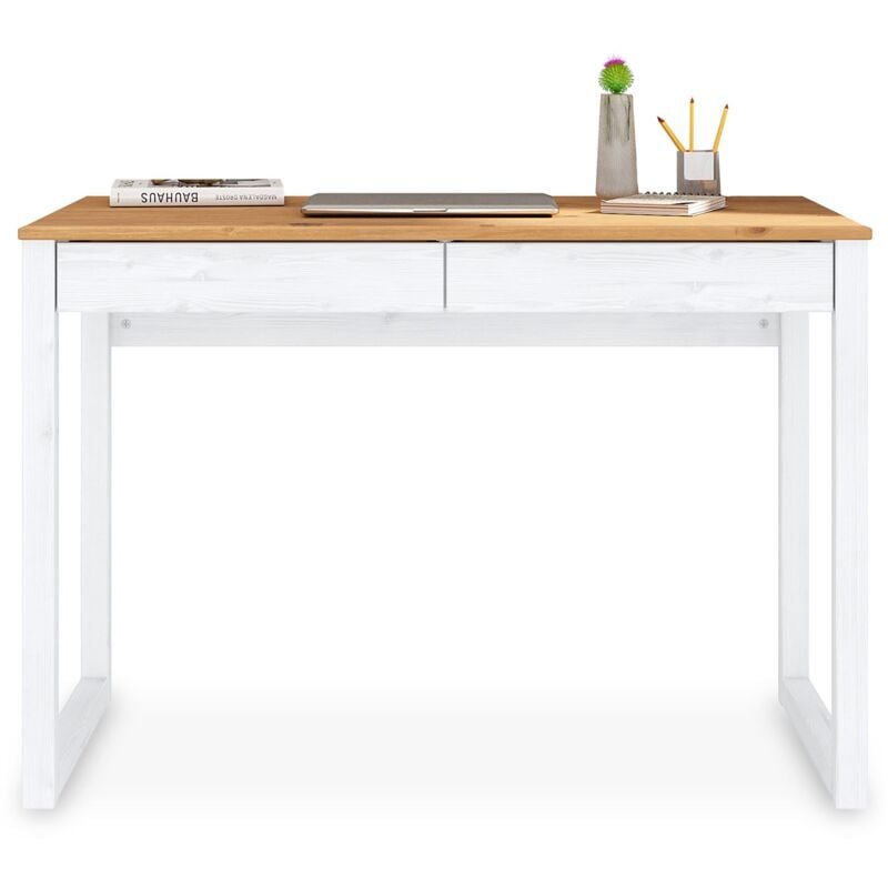 Idimex - Bureau noah 2 tiroirs, en pin massif - Coloris blanc et chêne