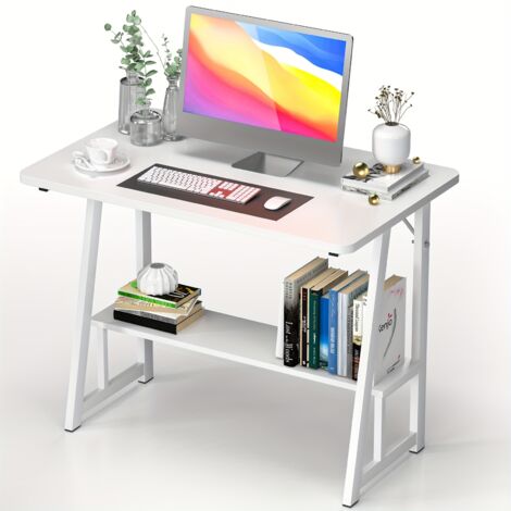 Bureau en bois blanc à 2 niveaux avec étagère de rangement – ​​Bureau d'étude robuste 80 x 50 x 73 cm (capacité de charge 120 kg), surface durable et facile à nettoyer pour bureau à domicile/petit esp