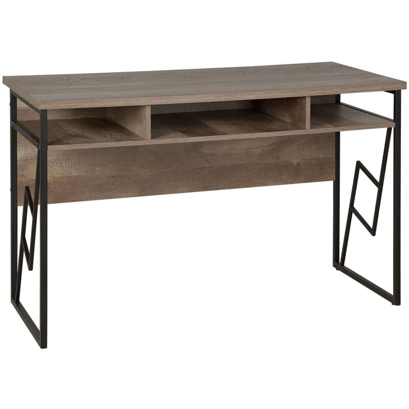 Beliani - Bureau Effet Bois Foncé 120 x 60 cm avec Structure en Métal Noir et Espaces de Rangement en Design Industriel pour Intérieur Moderne