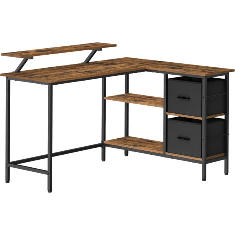 Bureau en Forme de L avec 2 Tiroirs Spacieux, Bureau Gaming avec Support pour Écran, Bureau d’Angle, Bureau d’Ordinateur avec Étagère Réglable, pour Bureau, Marron