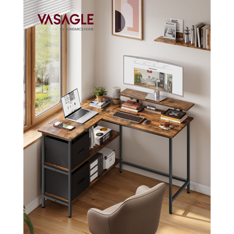 Vasagle – Bureau d'angle en L avec 2 tiroirs spacieux – Dimensions 105 x 115 x 89,5 cm – Étagère réglable et support moniteur – Marron rustique