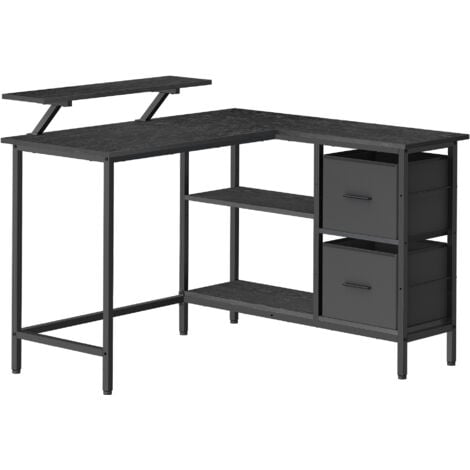 VASAGLE Bureau en Forme de L avec 2 Tiroirs Spacieux, Bureau Gaming avec Support pour Écran, Bureau d’Angle, Bureau d’Ordinateur avec Étagère Réglable, pour Bureau, Noir Boisé