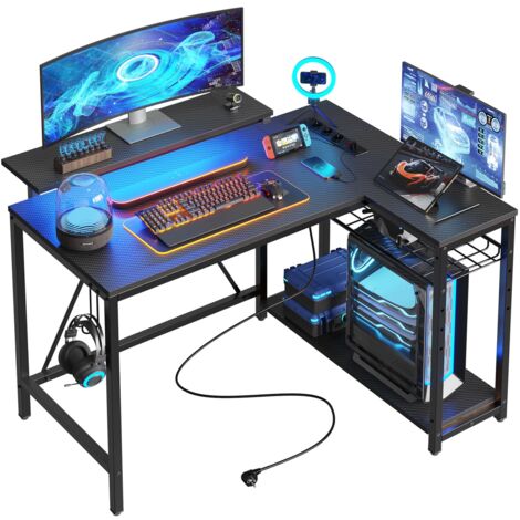 Bureau en Forme de L avec Prises de Courant et Lumières LED Bureau d'angle avec Étagères Bureau d'Ordinateur Réversible pour Bureau à Domicile, Chambre à Coucher
