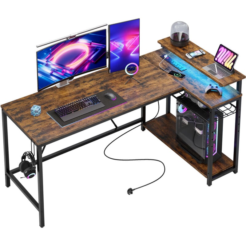 Bestier - Bureau en forme de l de 147cm avec prises de courant, bureau d'angle pour la maison avec étagères réversibles et lumières