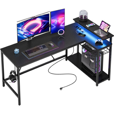 Bureau en forme de L de 147cm avec prises de courant, bureau d'angle pour la maison avec étagères réversibles et lumières
