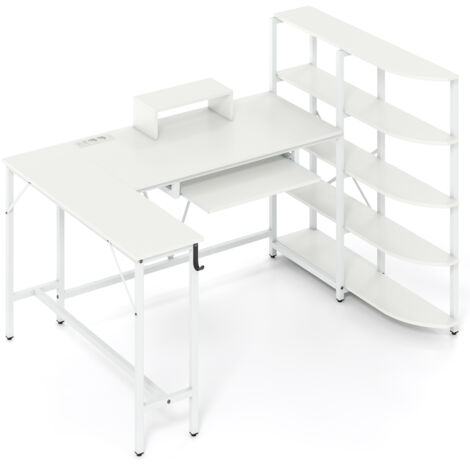 Bureau en L avec 5 Étagères, Table d'Ordinateur avec Support pour Moniteur, Bureau d'angle avec Crochet pour Casque et Tiroir pour Clavier, Blanc