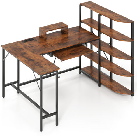 Bureau en L avec 5 Étagères, Table d'Ordinateur avec Support pour Moniteur, Bureau d'angle avec Crochet pour Casque et Tiroir pour Clavier, Marron