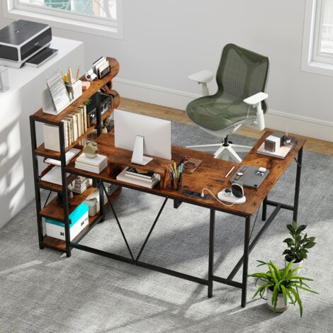 Bureau en L avec Étagères de Rangement Bureau d’Ordinateur d’Angle avec Station de Charge Bureau de Jeu 160108109cm Marron Rustique