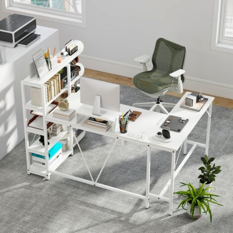 Bureau en L avec Étagères de Rangement Bureau d’Ordinateur d’Angle avec Station de Charge Bureau de Jeu avec Support 160108109cm Blanc