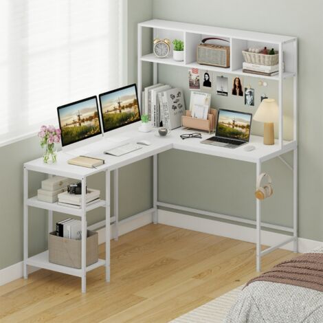 Bureau en L avec Rangement Table d'Angle pour Ordinateur avec Étagères de Rangement et Accroche-casque Bureau de Gamer Blanc