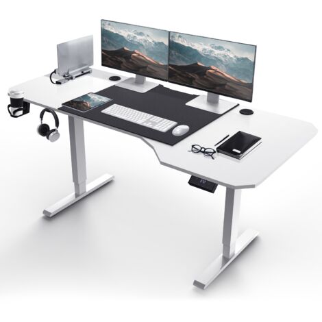 Bureau en L de 160CM, réglable en hauteur, avec support pour écouteurs, Blanc