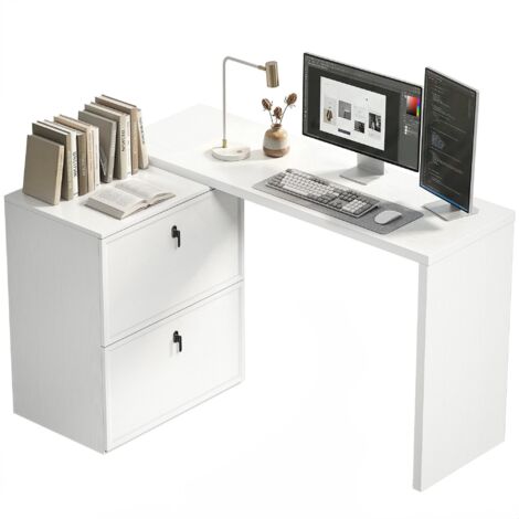 Bureau en L rabattable avec 2 tiroirs à dossiers suspendus, design moderne, adapté aux petits espaces de bureau, blanc.