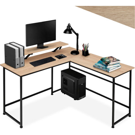 Tectake – Bureau d'angle industriel en bois clair avec support d'écran coulissant – Dimensions 140x130cm – Piètement en acier noir réglable