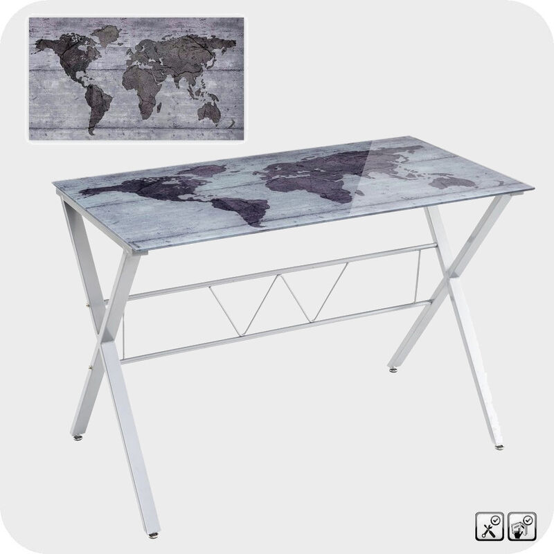 Bureau verre trempé gris 110x60cm Mappemonde