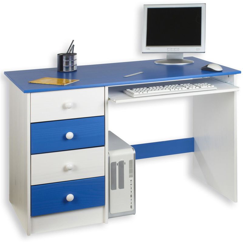 Bureau enfant multi rangements malte, tiroirs et support clavier pin massif lasuré blanc bleu - Blanc/Bleu