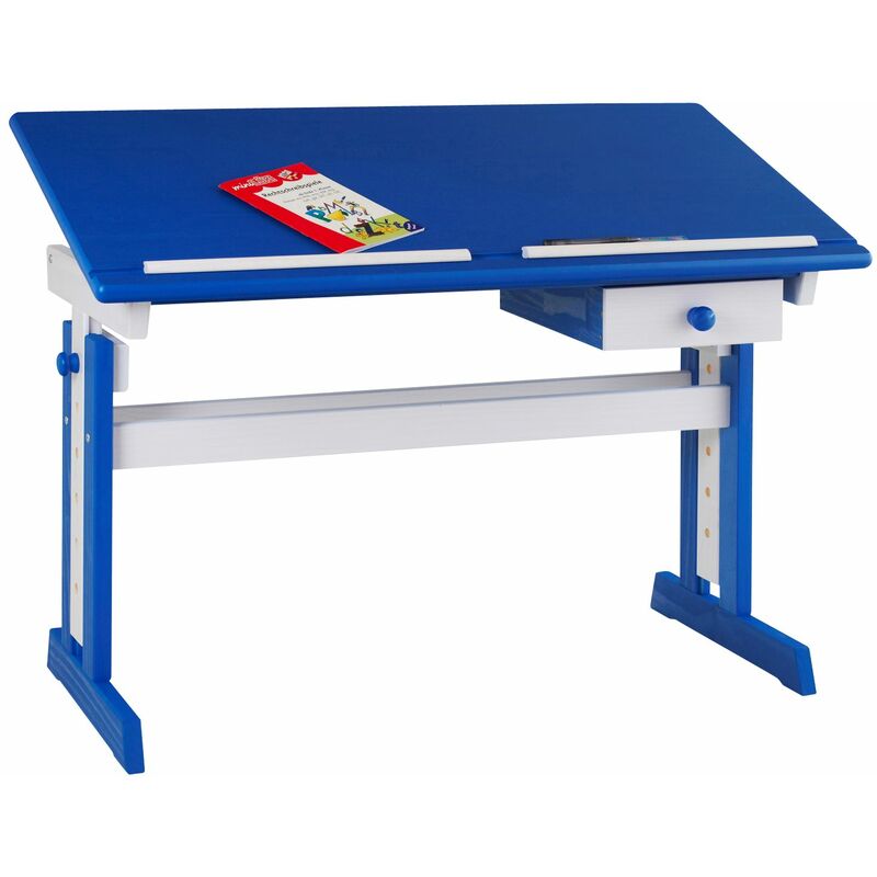 Bureau enfant écolier junior flexi table à dessin réglable en hauteur et pupitre inclinable avec 1 tiroir en pin lasuré blanc bleu - Blanc/Bleu