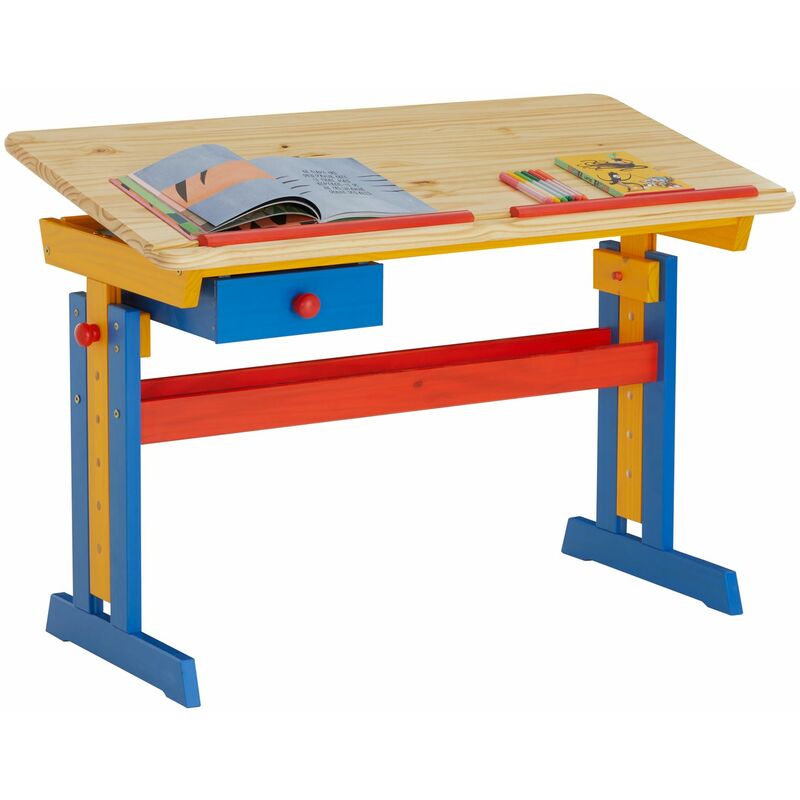 Bureau enfant écolier junior flexi table à dessin réglable en hauteur et pupitre inclinable avec 1 tiroir en pin lasuré multicolore - Multicolore